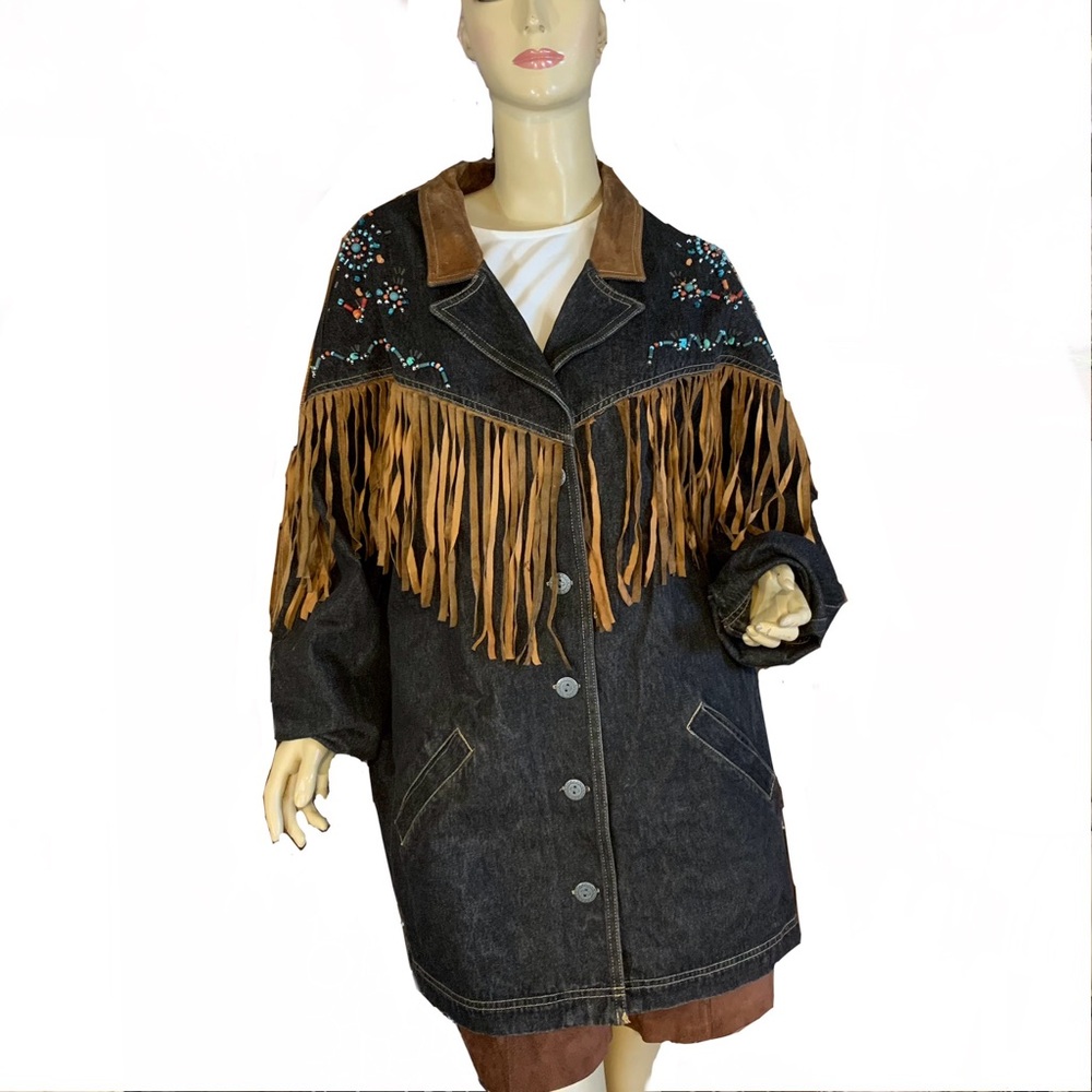 VINTAGE 1990'S CAROLE LITTLE SPORT DENIM JACKET W/TAN SUEDE FRINGE ACCENTS (14)